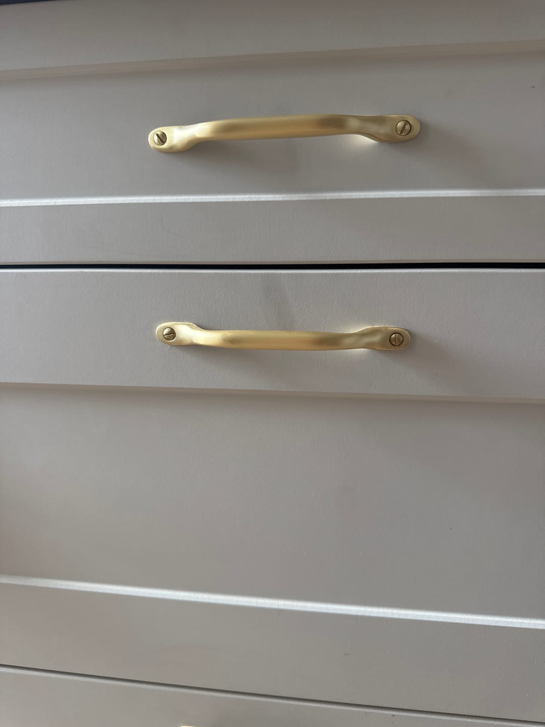 Customer photo review of Classic Brushed Satin Brass Cupboard Handles | Lacquered