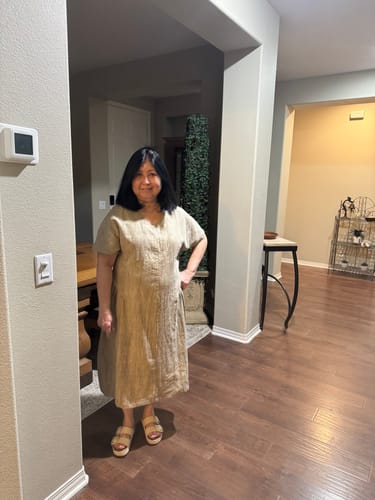 Customer photo review of Plus Size Women Autumn Artsy Solid Button V-Neck Loose Dress