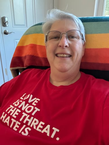 Customer photo review of Love is Not a Threat Premium Unisex T-Shirt