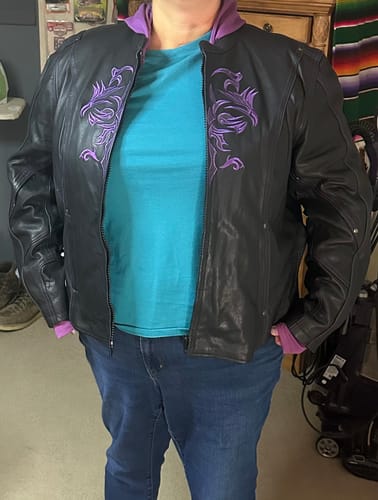 Customer photo review of Purple ML2067 Women's 3/4 Black and Purple Leather Hoodie Jacket with Reflective Tribal Design