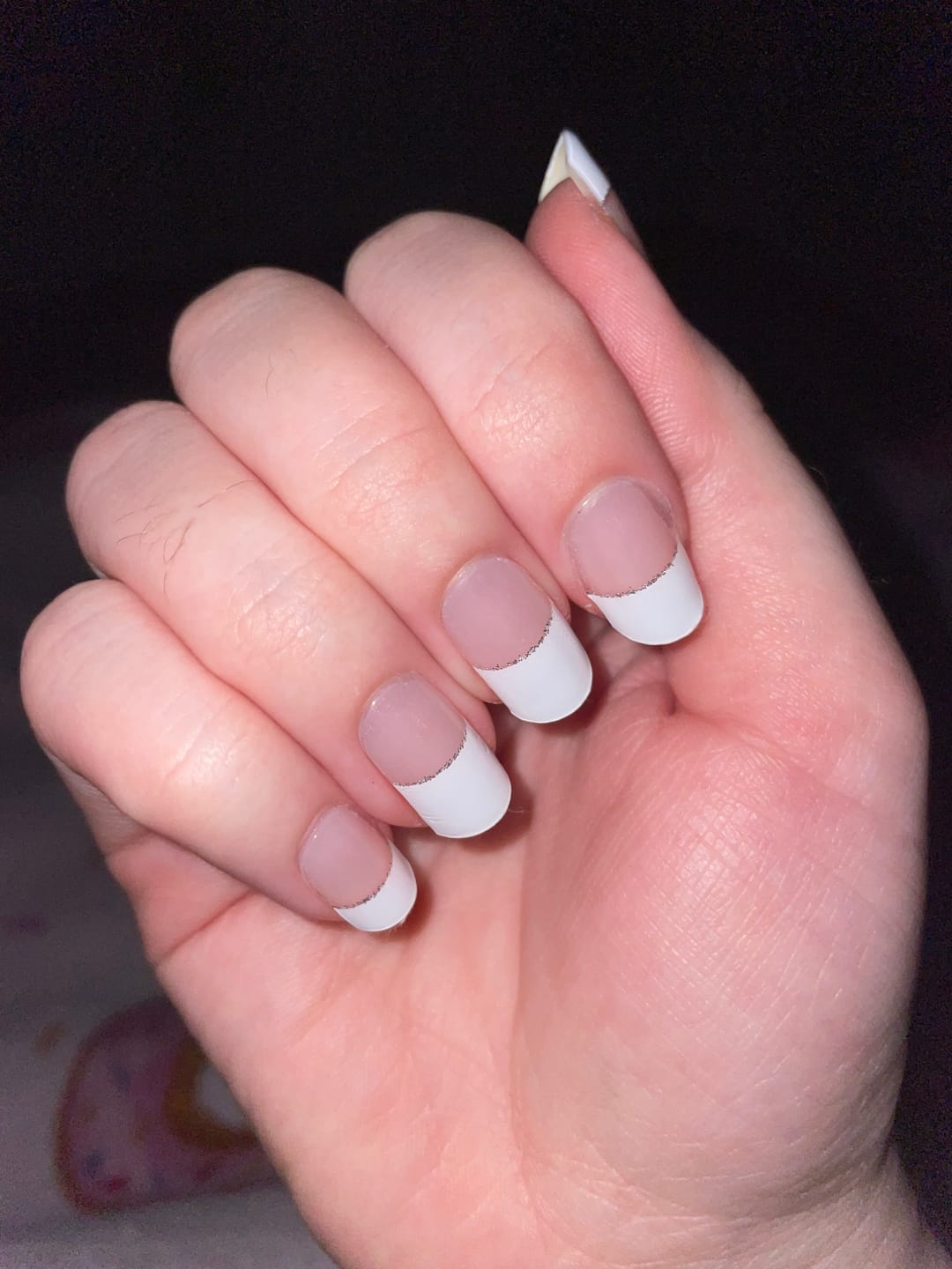 Customer photo review of White French Tip Glitter DIY Semicured Gel Nail Sticker Kit