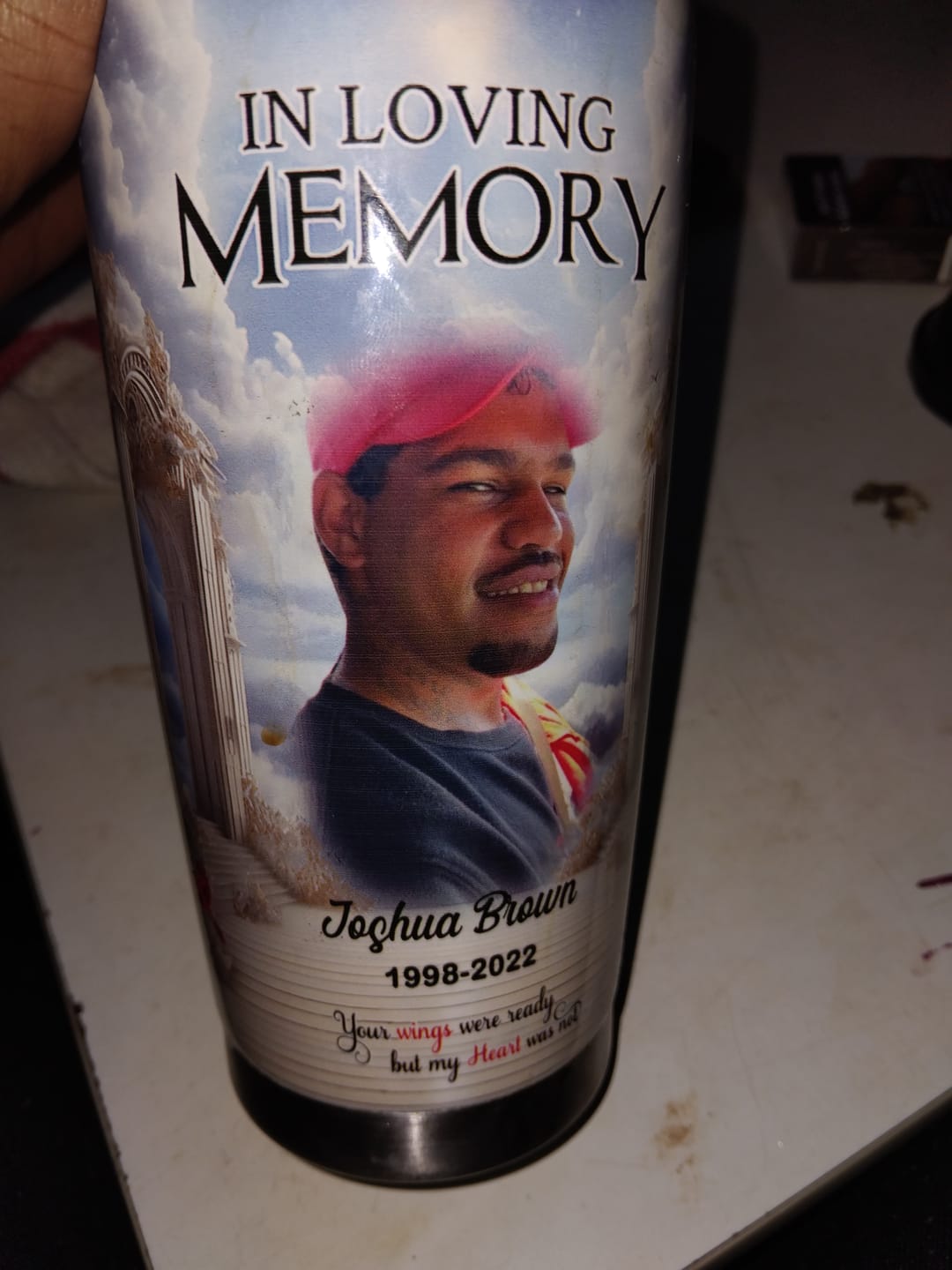 Customer photo review of In Loving Memory Upload Photo Heaven Gate Sky, A Big Piece Of My Heart Lives In Heaven Personalized Tumbler