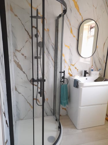 Customer photo review of Premium White Gold Marble Gloss Shower Wall Panel – 1M x 2.4M