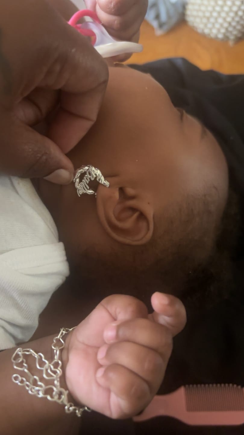 Customer photo review of Girl's Twisted Hoop Name Earrings