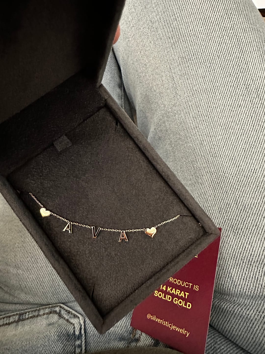 Customer photo review of 14K Solid Gold Letter Necklace