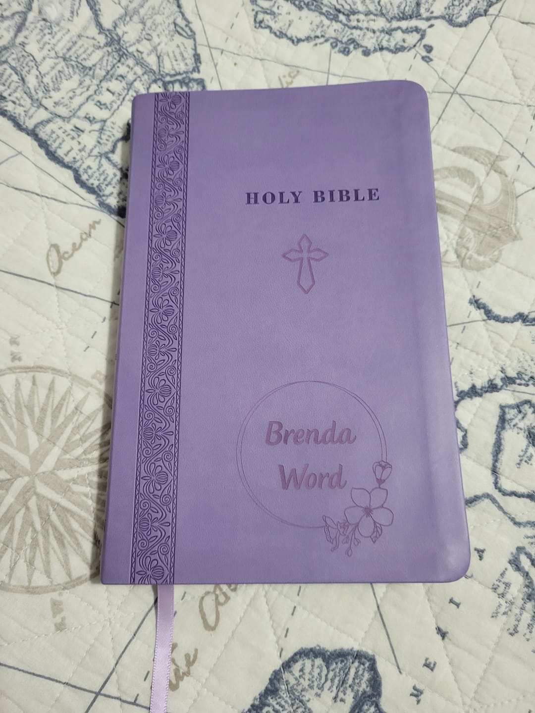 Customer photo review of Personalized KJV Lavender Thinline Bible - Engraved Cross Floral Frame