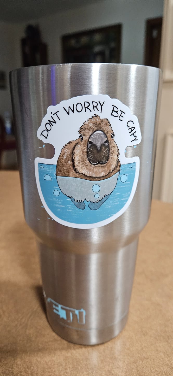 Customer photo review of "Don't Worry, Be Capy" Capybara and Bird Sticker