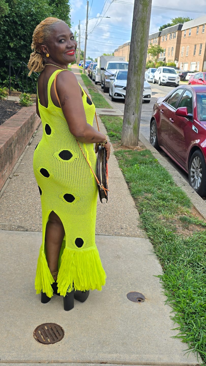 Customer photo review of Dot Sleeveless Fringe Dress