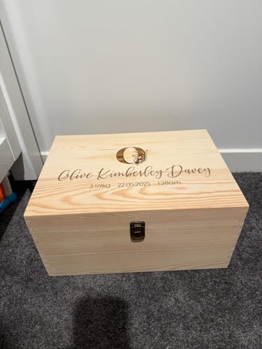 Customer photo review of Floral Monogram with birth details Engraved Pine Box (Pre-Order)