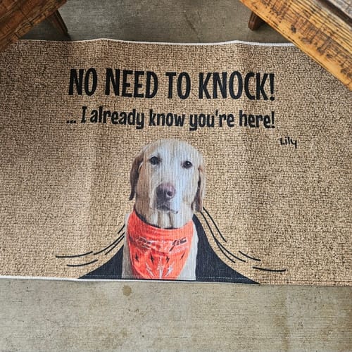Customer photo review of No need to knock - Personalized Doormat