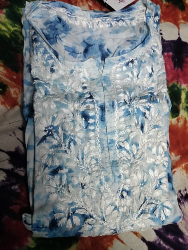 Customer photo review of Abhira Ice Blue Mulmul Long Kurta