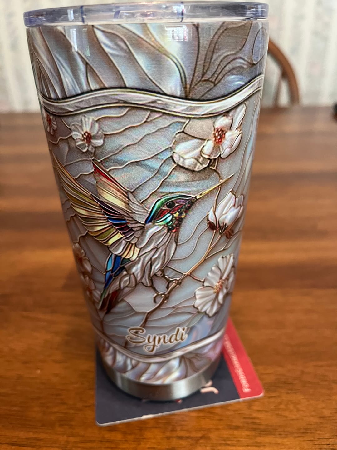 Customer photo review of Stained Glass Hummingbird Personalized Tumbler