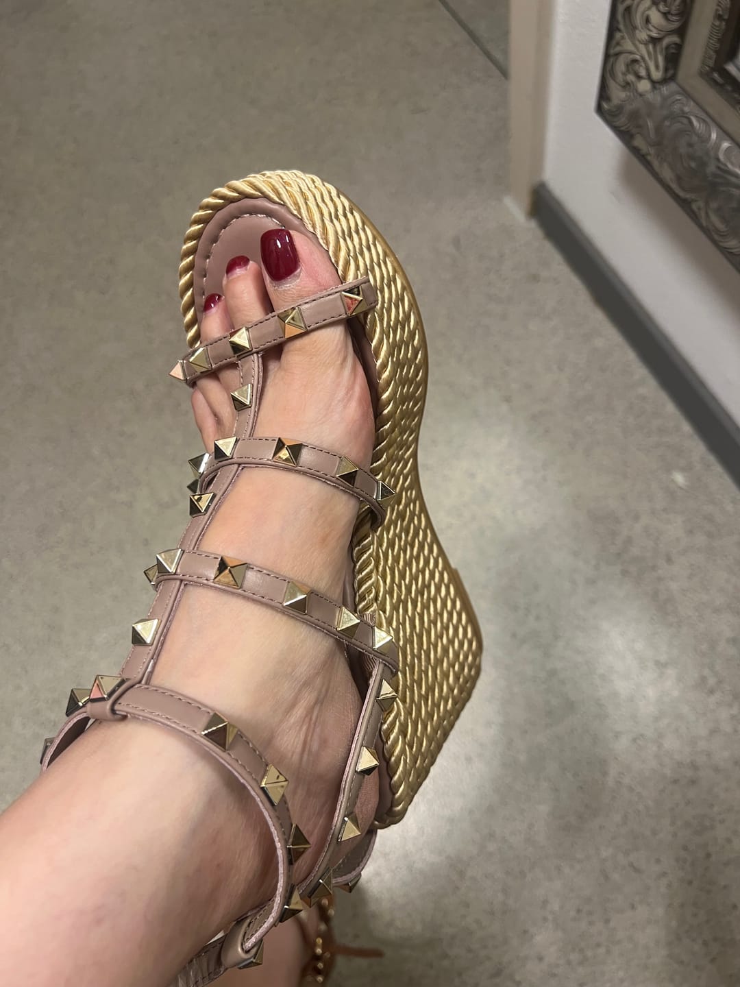 Customer photo review of Rockstud Ankle Strap Wedge Sandal Calfskin Poudre 10cm