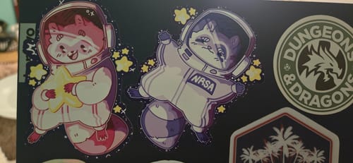 Customer photo review of Space Raccoons Stickers!