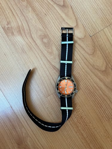 Customer photo review of Black Nylon Watch Strap with White Stripe