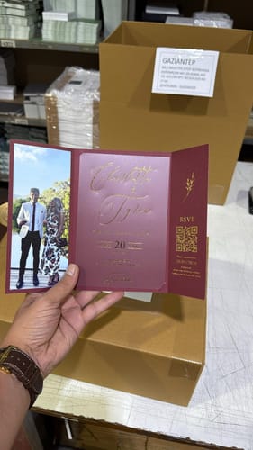 Customer photo review of Burgundy and Gold Foil Acrylic Trifold Wedding Invitation