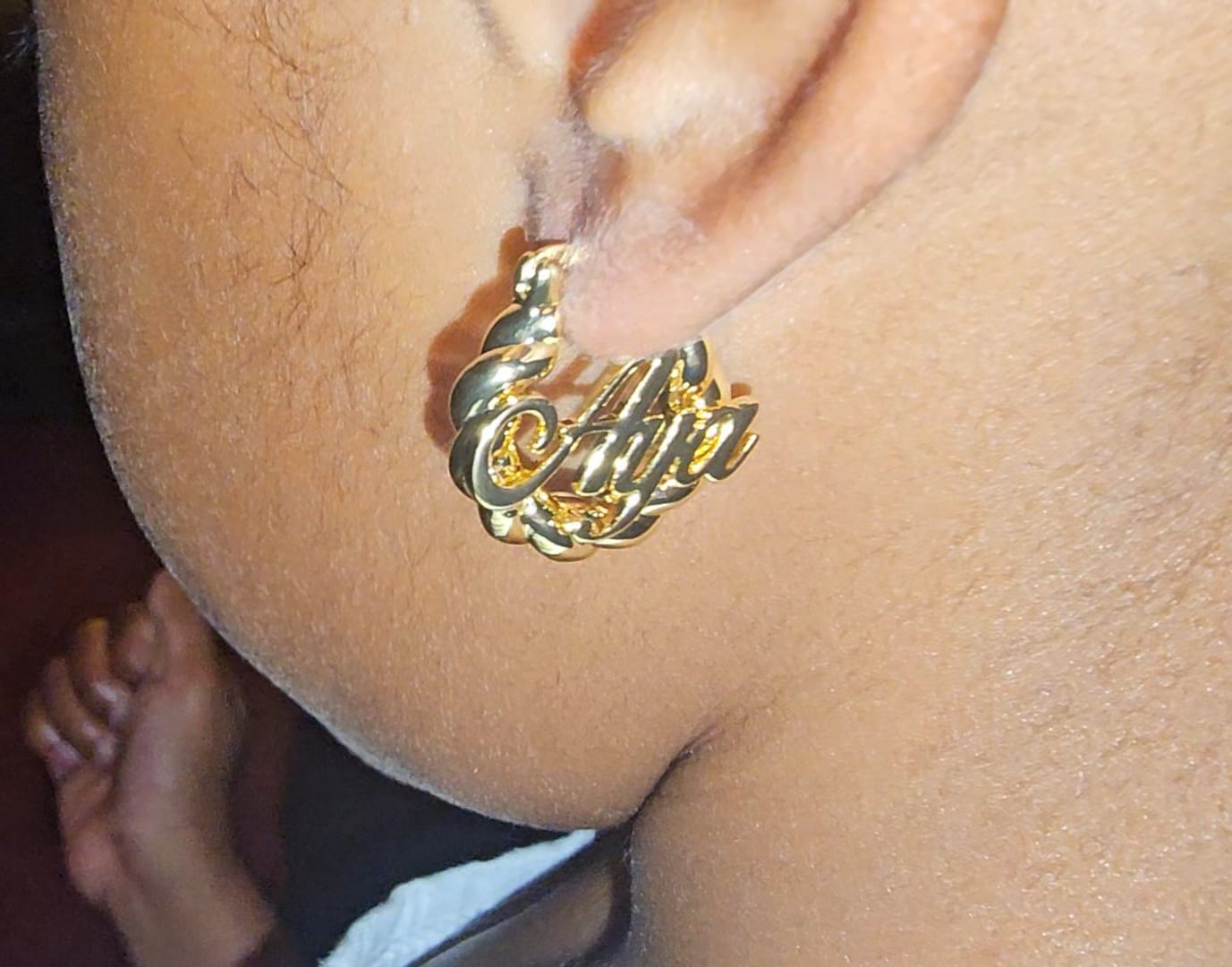 Customer photo review of Bamboo Name Earrings