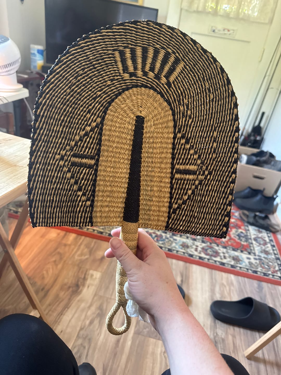 Customer photo review of Ink Blossom Elephant Grass Ghanaian Hand Fan