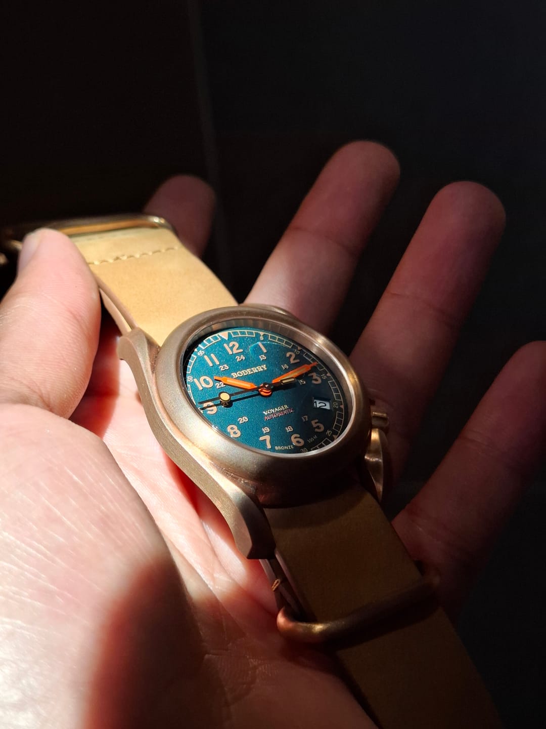 Customer photo review of VOYAGER - 100M Waterproof Bronze Automatic Field Watch | Sandstone Green