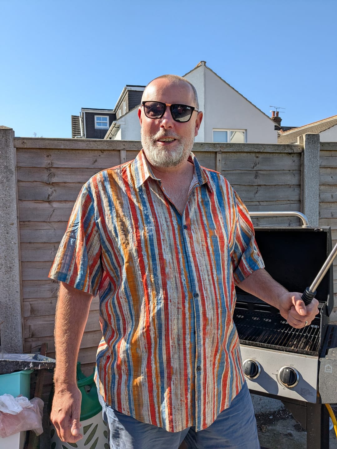 Customer photo review of Men's Casual Retro Multicolor Striped Holiday Button Up Short Sleeve Shirt