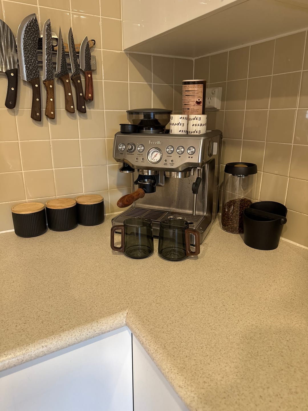 Customer photo review of Smokey Gray Glass Slanted Coffee Cups With Wooden Handle