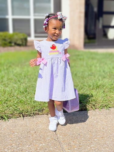 Customer photo review of School Supplies Purple Gingham Avery Dress