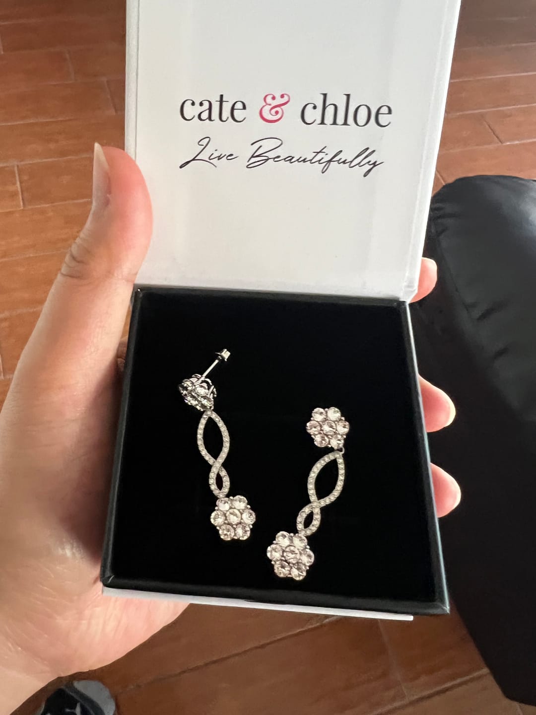 Customer photo review of Jessica 18k White Gold Plated Dangle Earrings with Swarovski Crystals