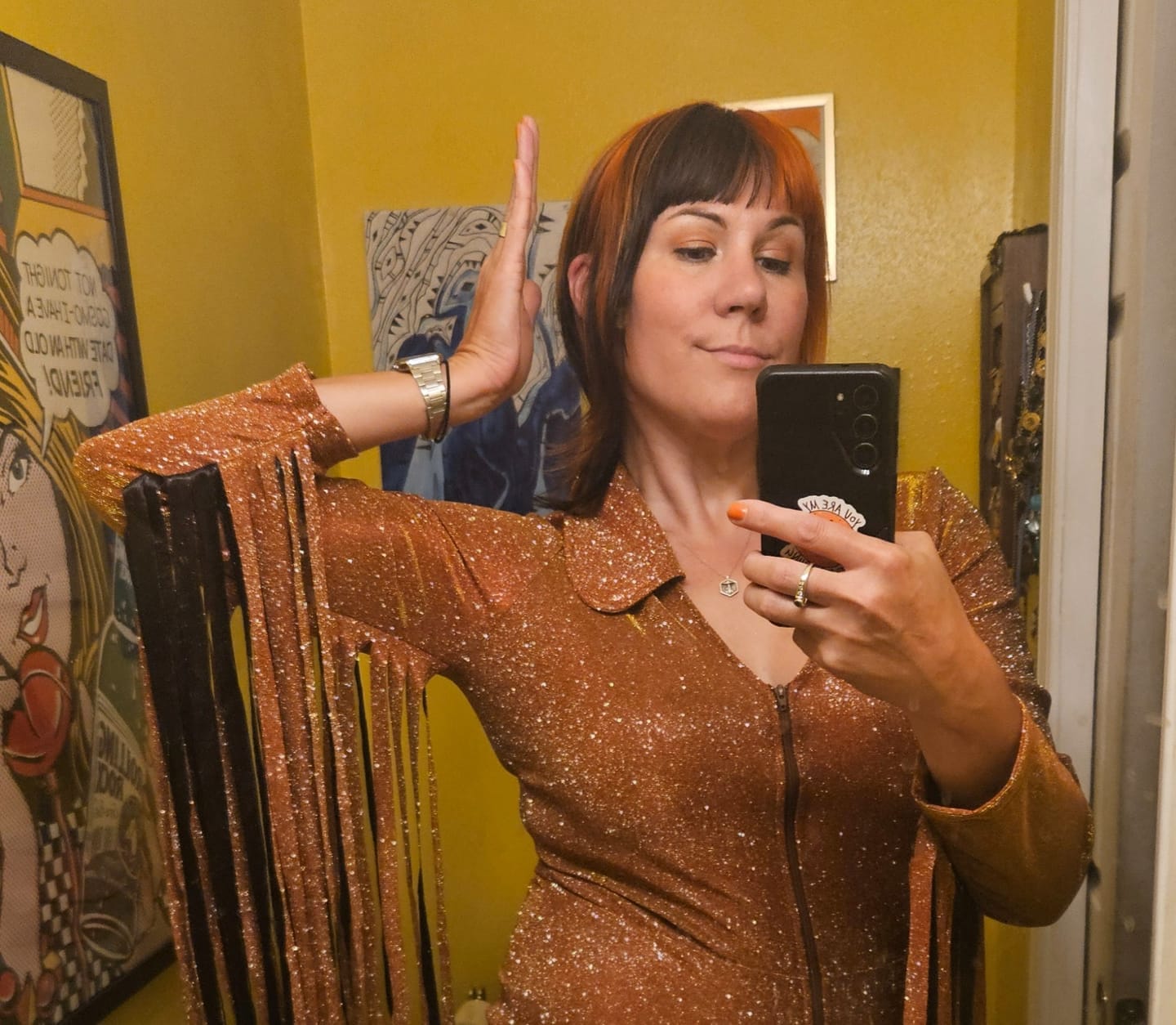 Customer photo review of Glitter Fringe Romper in Orange
