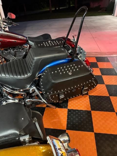 Customer photo review of 35L - Legacy Extra Large Studded Leather Motorcycle Saddlebags for Harley Softail Heritage FLHC/S
