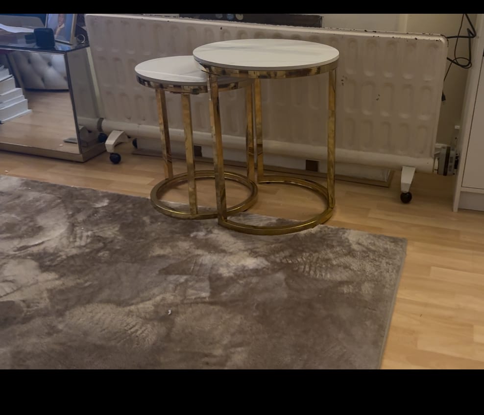 Customer photo review of Cato Nest of 2 Tall Gold End Tables with Polar White Sintered Stone Tops