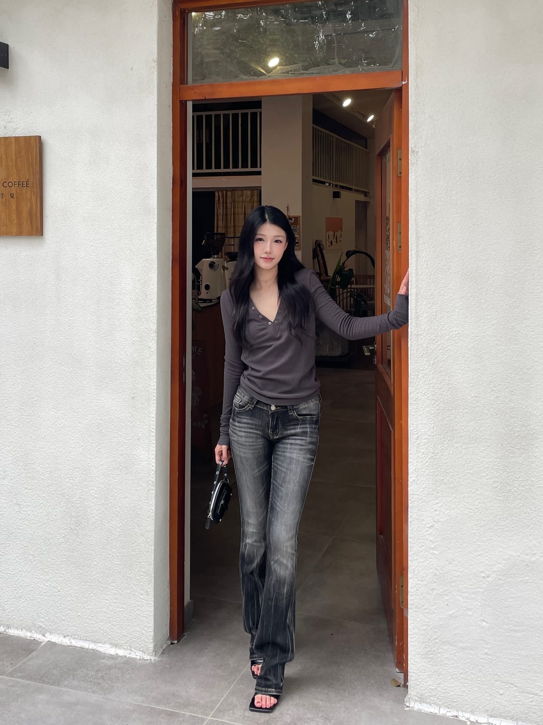Customer photo review of IAMXIAA Low Rise Washed Flare Jeans with Distressed Fade