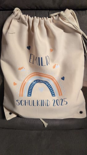 Kundenbewertung mit Foto zu Personalized gym bag for school enrollment - sports bag with name - jute bag - sports bag - change of clothes - school - children's bag - Personalization: Zeile 1: Elia , Zeile 2: Vorschulkind 2025, Farbe: Blau