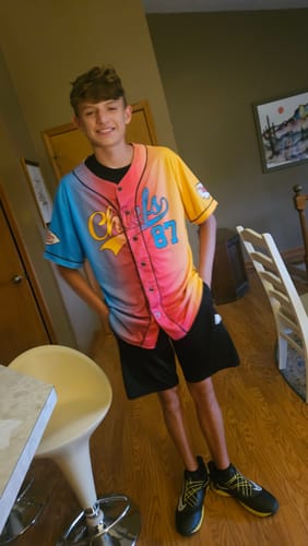 Customer photo review of Custom Gradient Baseball Jersey Blue Pink Yellow - Design Your Own