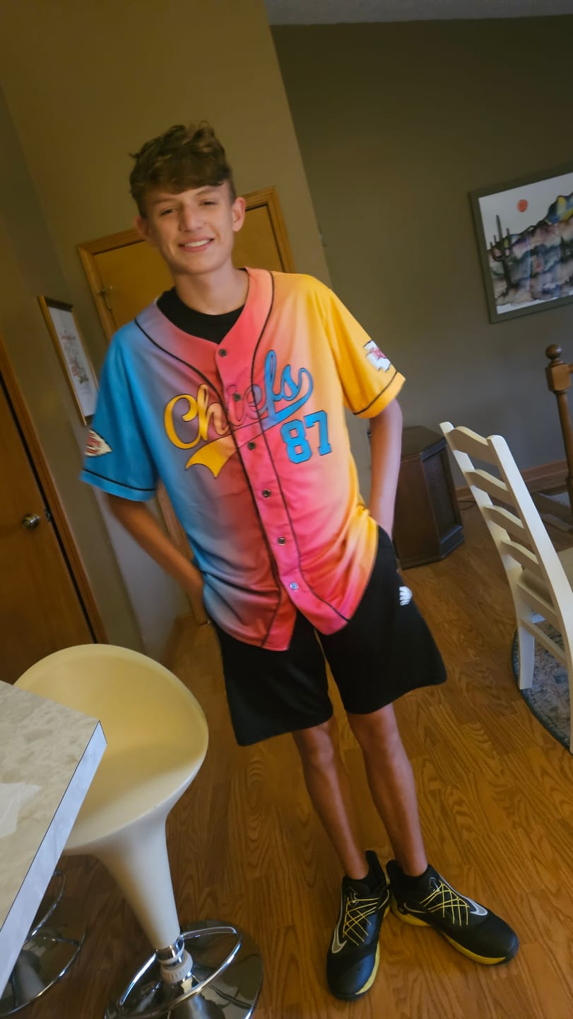 Customer photo review of Custom Gradient Baseball Jersey Blue Pink Yellow - Design Your Own