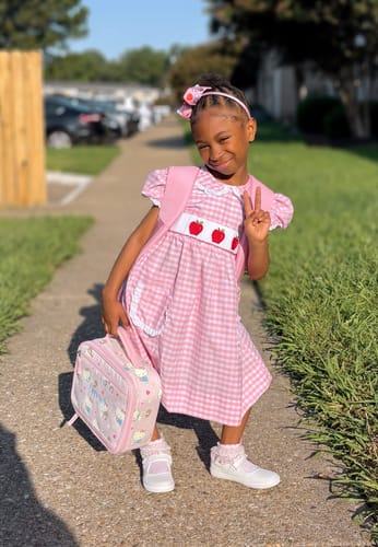 Customer photo review of Apple Trio Pink Gingham Smocked Cassie Dress