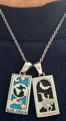 Customer photo review of The World - Silver Tarot Card Dainty Necklace with Blue Enamel