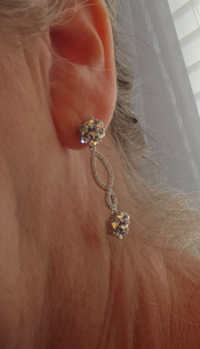 Customer photo review of Jessica 18k White Gold Plated Dangle Earrings with Swarovski Crystals