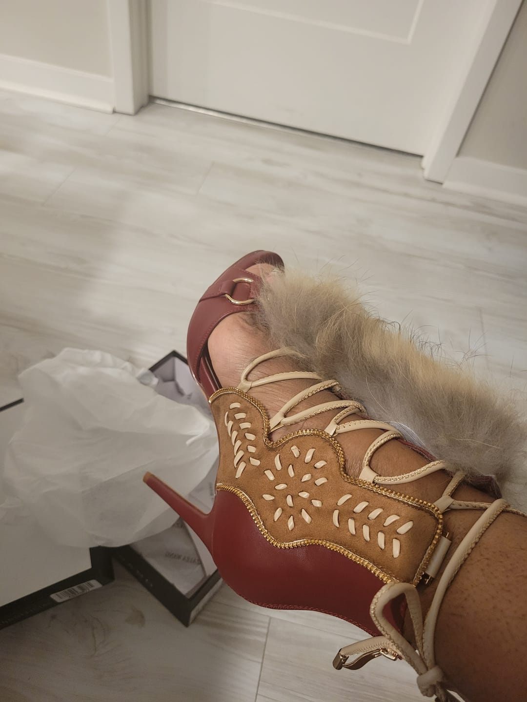 Customer photo review of SHAINY-MULTI TIE UP FAUX FUR STILETTO SANDAL