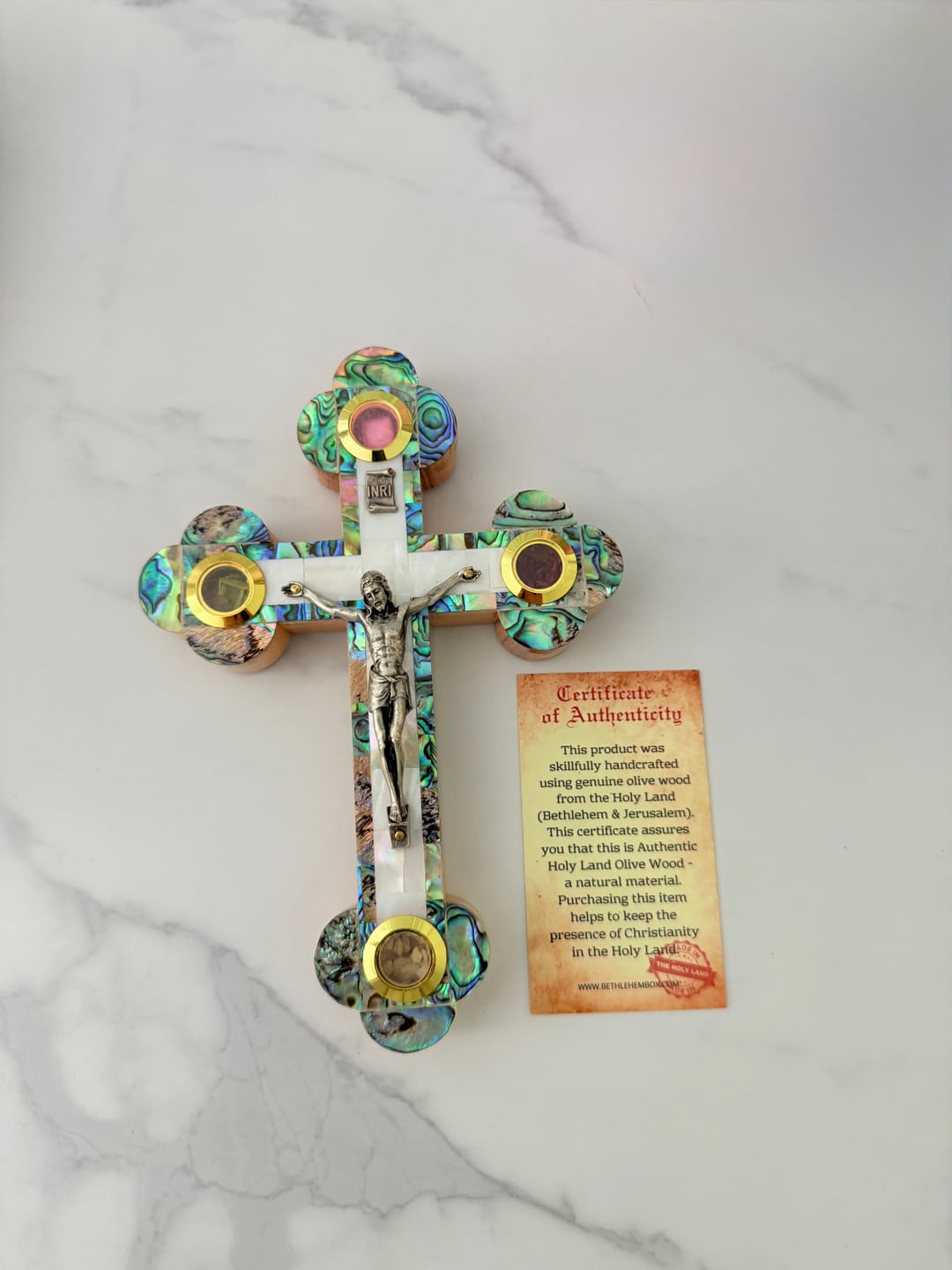 Customer photo review of Olive Wood Crucifix (Fully covered with Mother of Pearl) - Holy Land Crucifixes