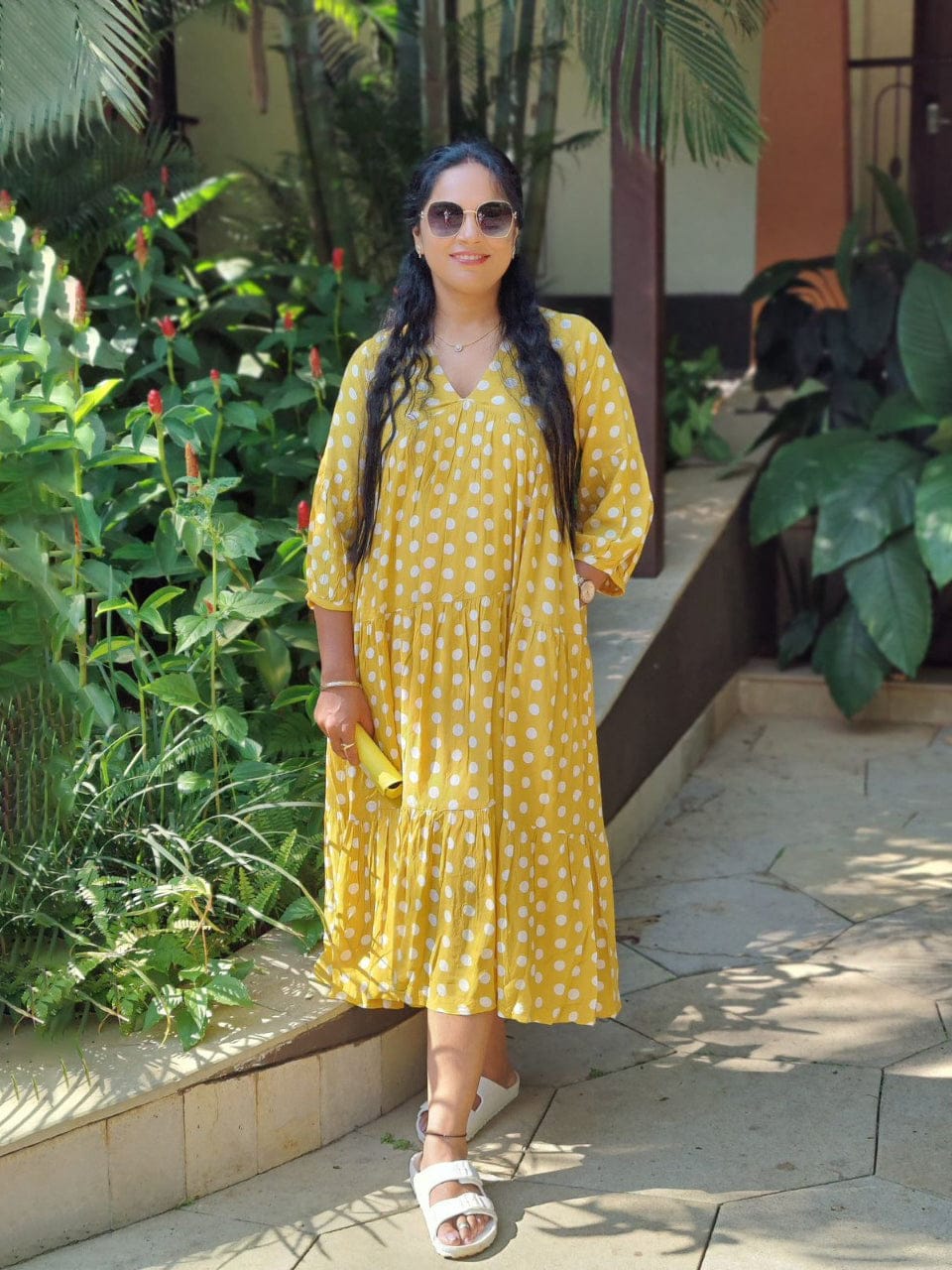 Customer photo review of Bonjour Yellow Polka Modal Maxi Dress