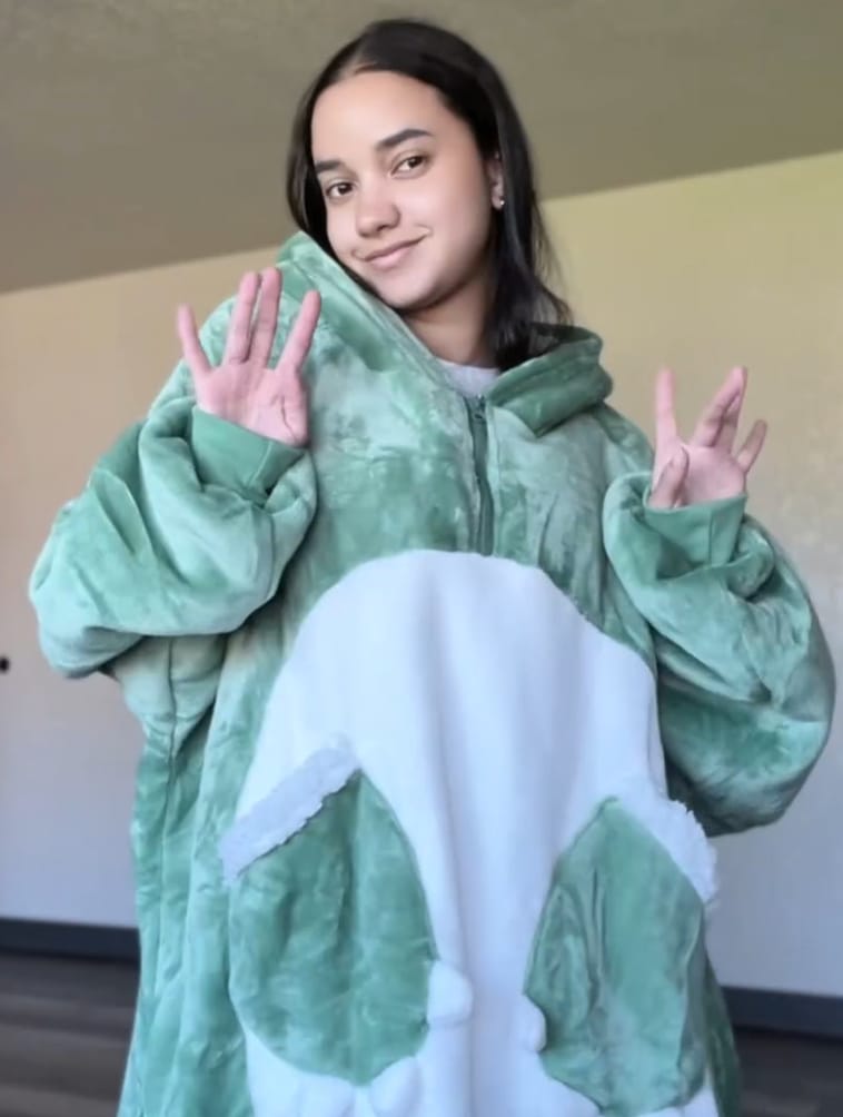Customer photo review of OLAOLA Dinosaur Wearable Blanket Hoodie Animals Onesie Oversized Soft Homewear With Giant Pocket For Adult