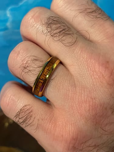 Customer photo review of Yellow Gold Tungsten Natural Hawaiian Koa Wood Inlay Tungsten Dome Wedding Ring 6mm
