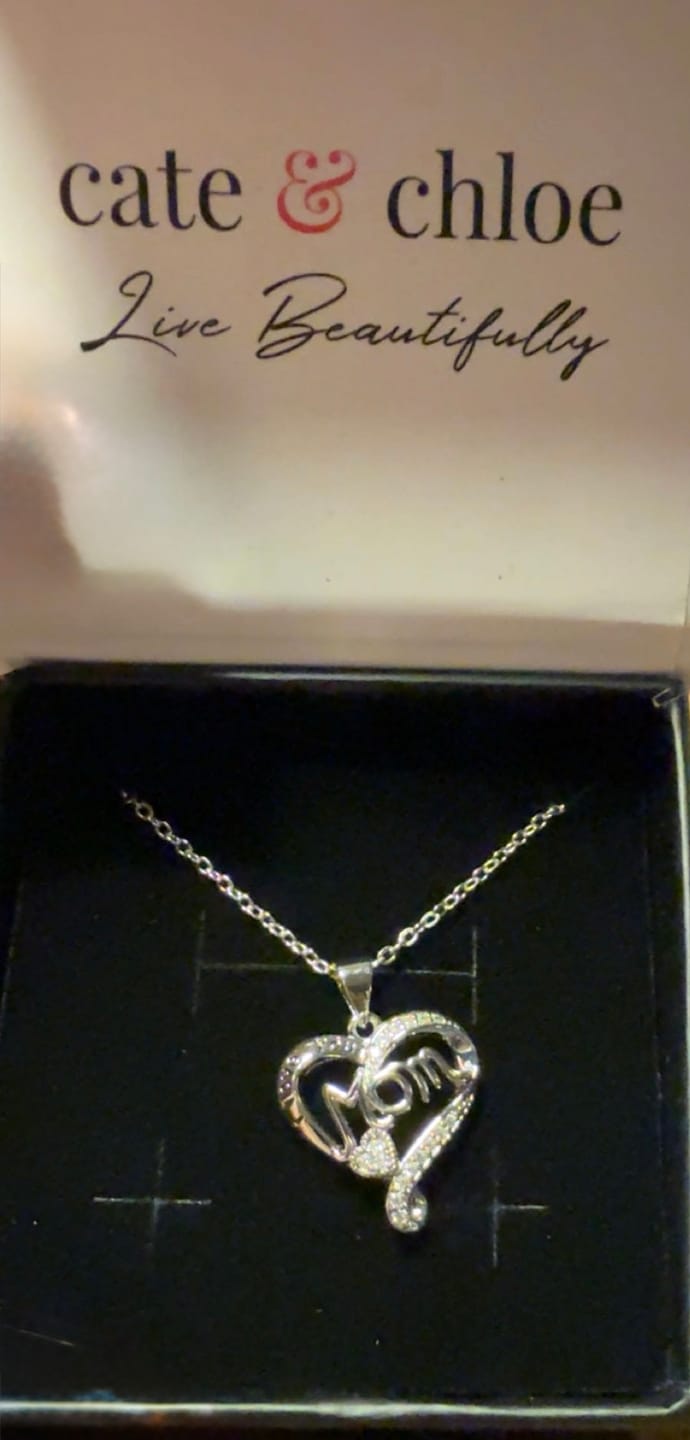 Customer photo review of Karina 18k White Gold Plated Mom Heart Pendant Necklace with Simulated Diamond Crystals