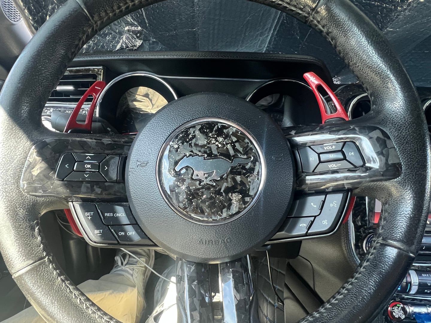 Customer photo review of Mustang 2015-2023 Carbon Fiber Steering Wheel Chrome Delete Cover