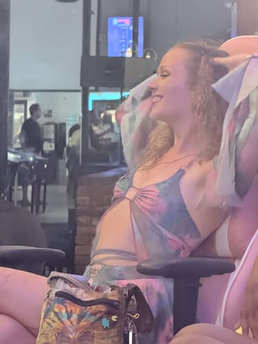 Customer photo review of Flared sleeve tie dye o ring self tie halter low cut mini skirt set