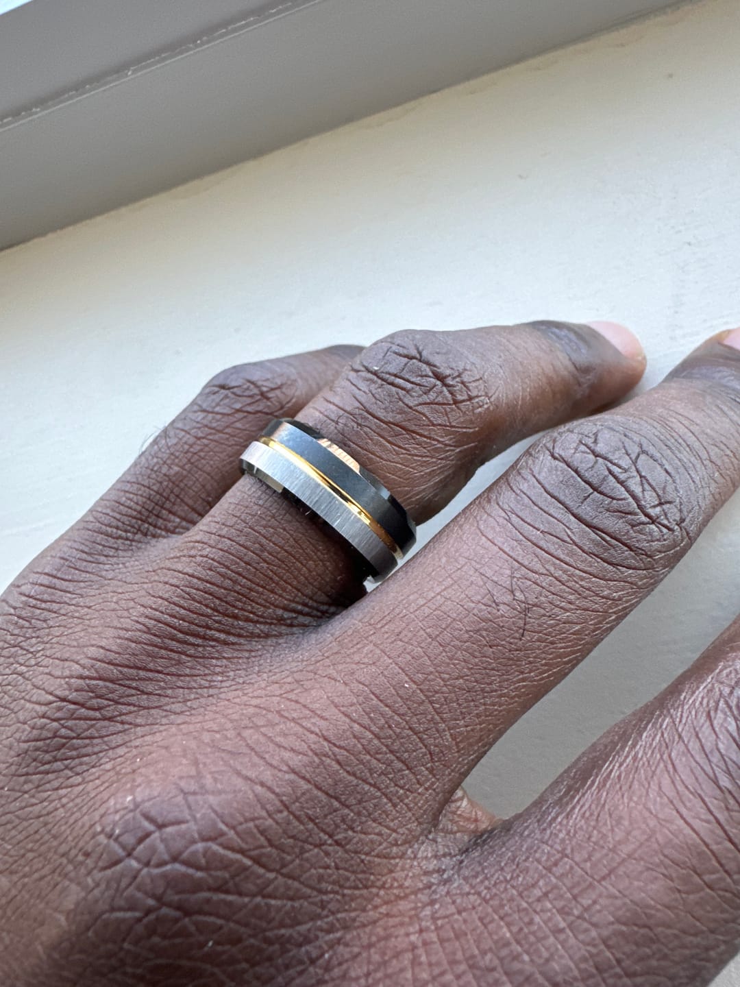 Customer photo review of 8MM - Black & Gold Tungsten Ring Matte Finish Brushed Laser Horizontal Grain