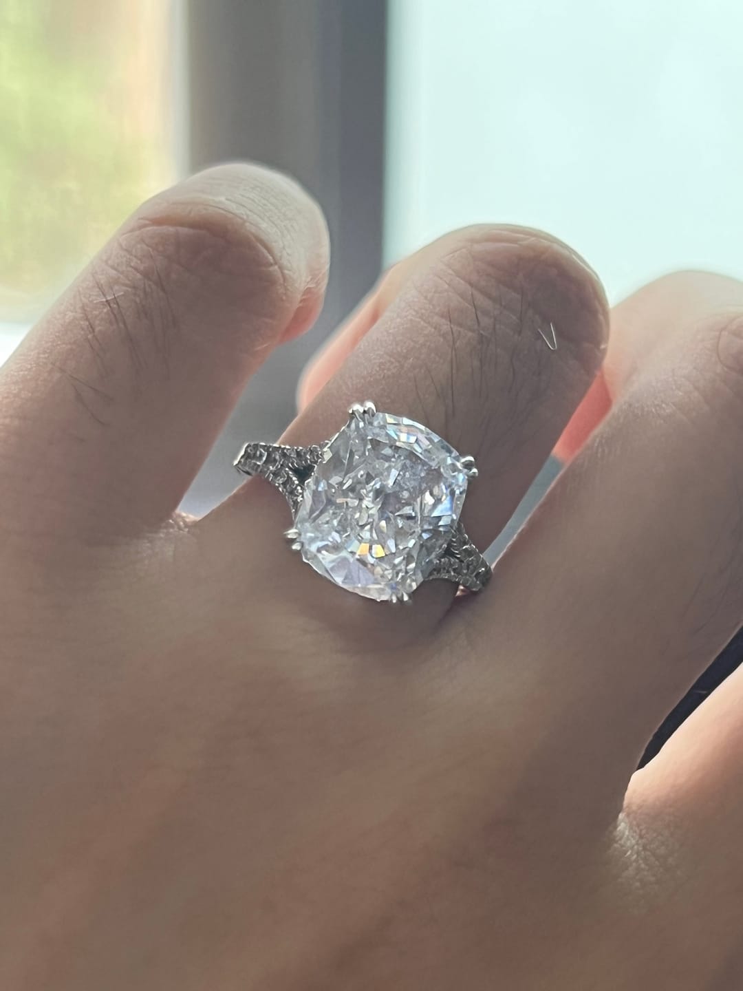 Customer photo review of S925 7.0Ct/4.0Ct Split Shank Cushion Cut Engagement Ring 18K White Gold Plated Travel Rings with Pavé Accents