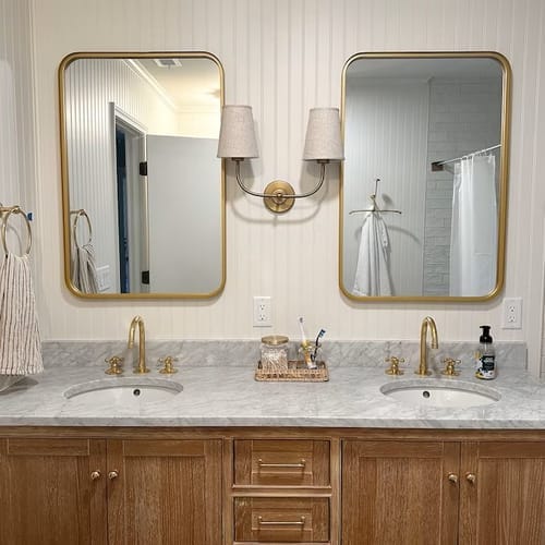 Customer photo review of Deck Mounted Unlacquered Brass Faucet, Vanity Sink Faucet, Antique Brass Bathroom Faucet