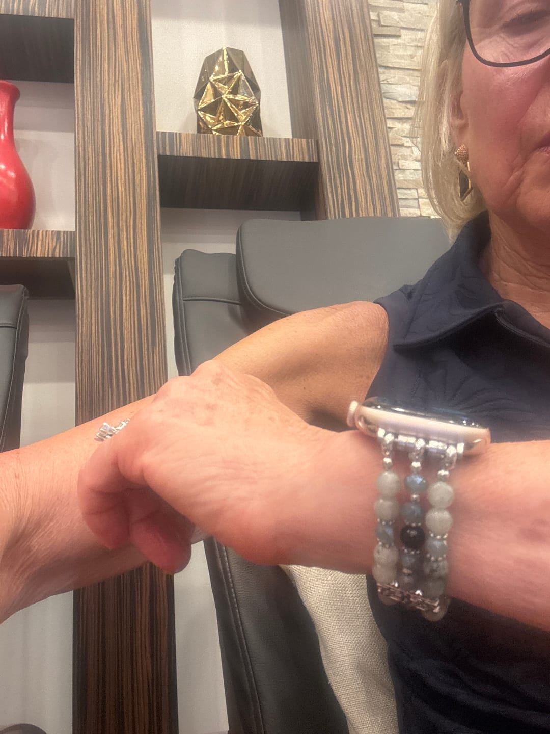 Customer photo review of Artisanal Labradorite Indigo Stretch Apple Watch Strap