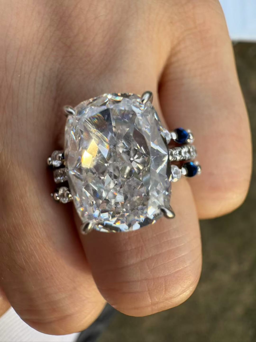 Customer photo review of S925 6.5Ct Cushion Cut Insert Wedding Ring Set With Unique White & Blue/Red Stone Engagement Ring Enhancer